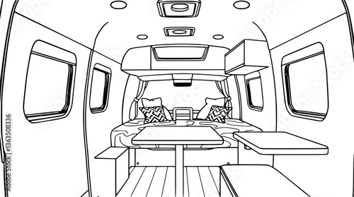 Outline of a modern caravan interior with compact furniture elegant vector illustration.