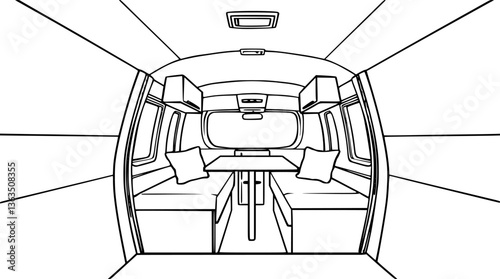 Outline of a modern caravan interior with compact furniture elegant vector illustration.