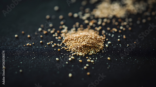 Light beige amaranth seeds scattered on a dark surface, emphasizing their small size and smooth texture.