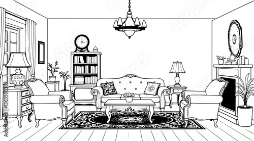 Outline of a vintage living room with antique furniture elegant vector illustration.