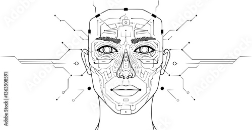 Outline of a biometric face scan minimal AI recognition technology illustration vector art.
