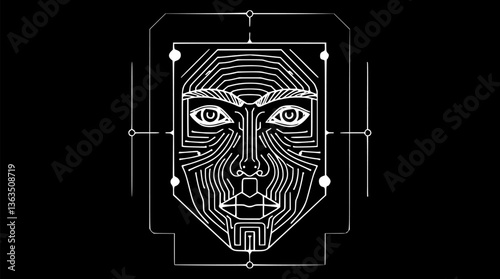 Outline of a biometric face scan minimal AI recognition technology illustration vector art.