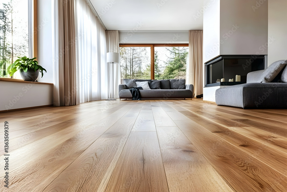 Natural oak wood flooring arranged in a modern interior design setting Natural oak wood flooring arranged in a modern interior design setting