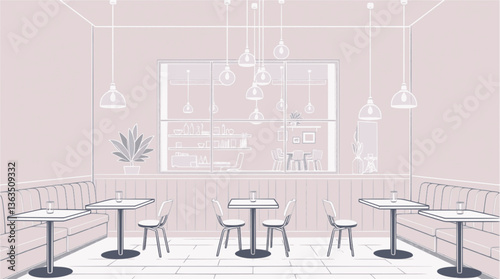 Outline of a stylish café interior with hanging lights and small tables vector design.