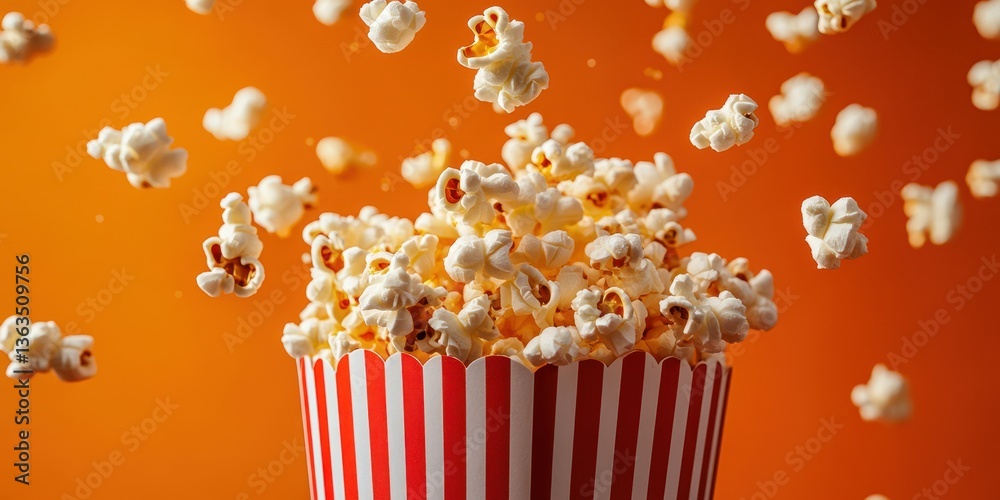 Freshly popped popcorn erupts from a classic striped container against a vibrant orange background Freshly popped popcorn erupts from a classic striped container against a vibrant orange background
