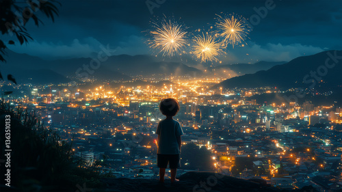Wallpaper Mural 山の中腹で夜景と花火を見下ろす子供の後ろ姿と広がる夏景色 Torontodigital.ca