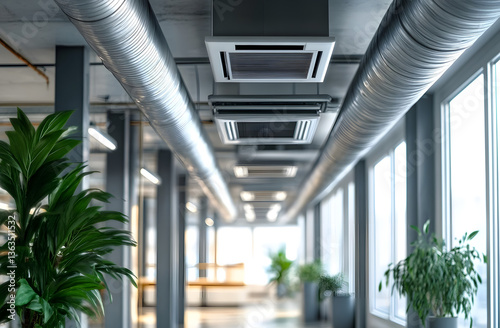 Sleek office interior features ventilation ducts, air conditioning units ensuring steady airflow. Modern design incorporates metal pipes, glass windows, potted plants. Office boasts bright balanced photo