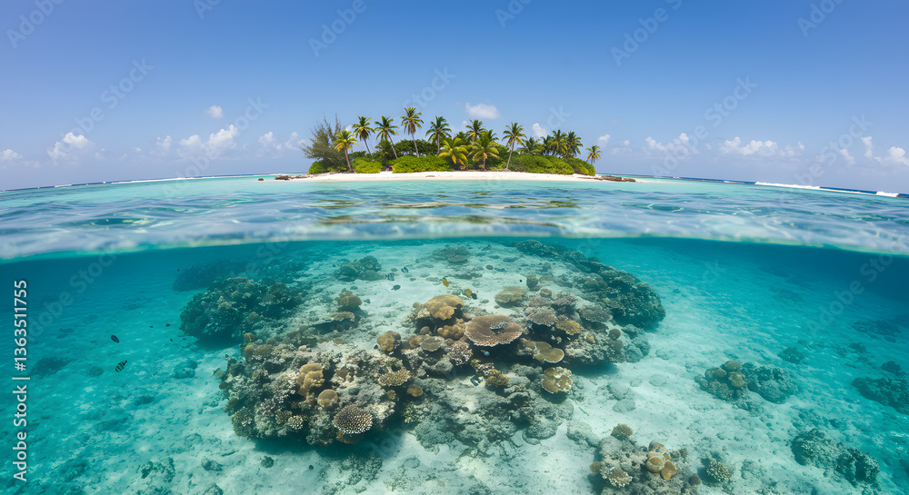 Fototapeta premium Spectacular split view of a tropical island and vibrant underwater coral reef ecosystem