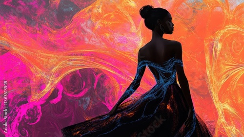 Wallpaper Mural  model wearing a dress pink and warm orange fractal pattern, blue  Torontodigital.ca