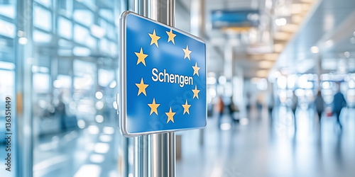 Schengen Area sign indicating border control in modern airport  