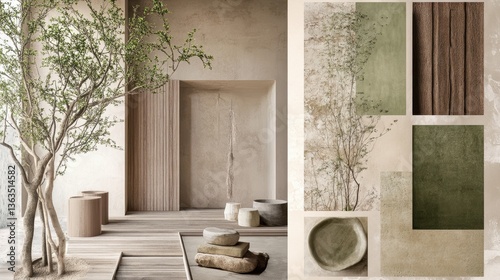 moodboard of interior design, styles in green and beige