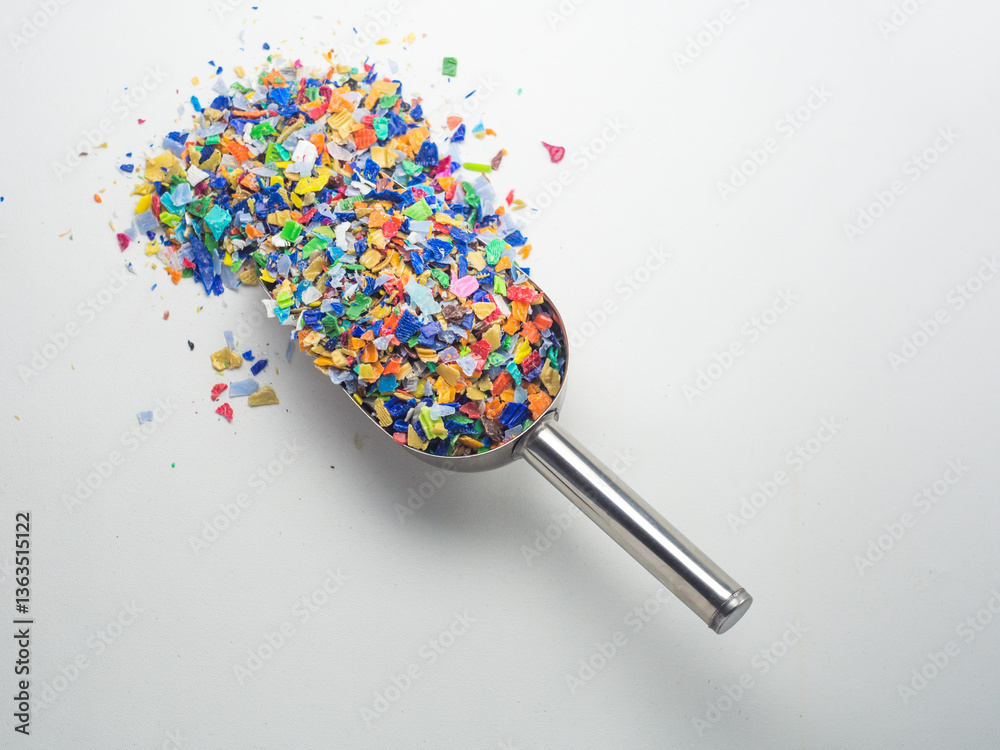 Ταπετσαρία Various colors of plastic waste that has been ground in a stainless shovel on a