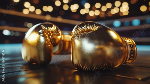Shiny Golden Boxing Gloves on Ring Floor with Bokeh Background