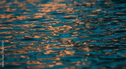 Abstract Close-Up of Rippling Water Surface with Golden Sunset Reflections, Teal and Orange Hues, Natural Texture Background