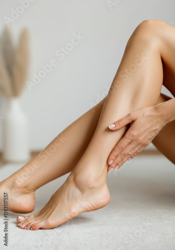 Woman gently massaging her smooth legs, highlighting skincare and relaxation