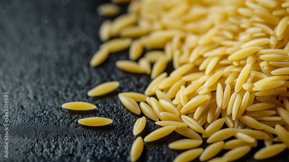 Obraz premium An artistic close-up of orzo pasta scattered evenly on a dark, sleek surface, creating a modern and minimalist feel with each distinct grain.