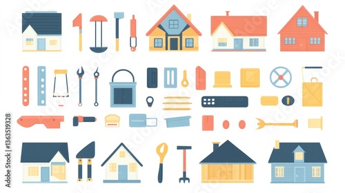 House construction tools and home icons;  building, design, project