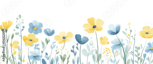 Watercolor illustration of blue and yellow wildflowers in a spring field for greeting cards wedding invites and floral background designs