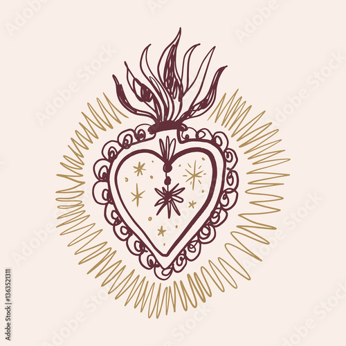 Vintage postmodern freaky cool funny doodle sacred heart Valentines love doodle character. Hand-drawn illustration of burning holy heart fire. Antique vintage retro vibe inspired poster or postcard