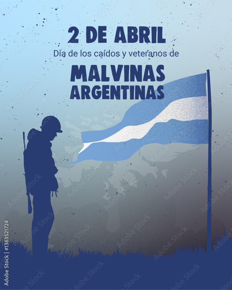 2 de Abril dia de veteranos y caídos en la guerra de Malvinas Argentina poster con soldado y bandera editable, vectorial.