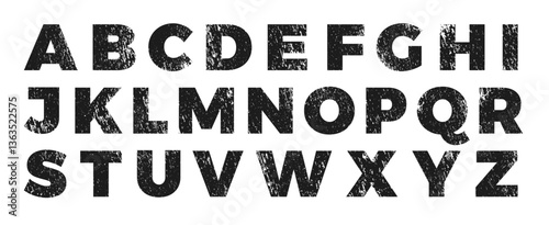 Uppercase letters of English alphabet rough texture font, grunge chalk typographic symbols, retro distress grainy type
