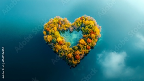 Heart Shaped Island with Autumn Trees, Aerial View of Romantic Fall Landscape Surrounded by Water
