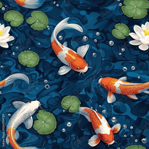 seamless Elegant pattern featuring koi fish swimming amidst water lilies, showcasing nature's beauty in a harmonious design