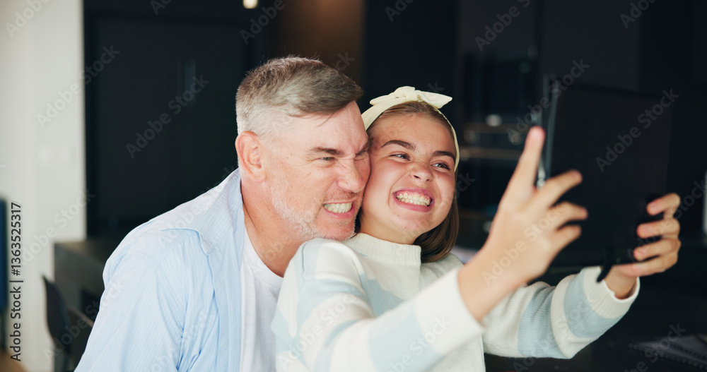 Obraz premium Father, daughter or silly face with selfie for photography or picture together at home. Happy dad, teenager or girl with smile, comedy or goofy humor for memory, capture or social media post at house