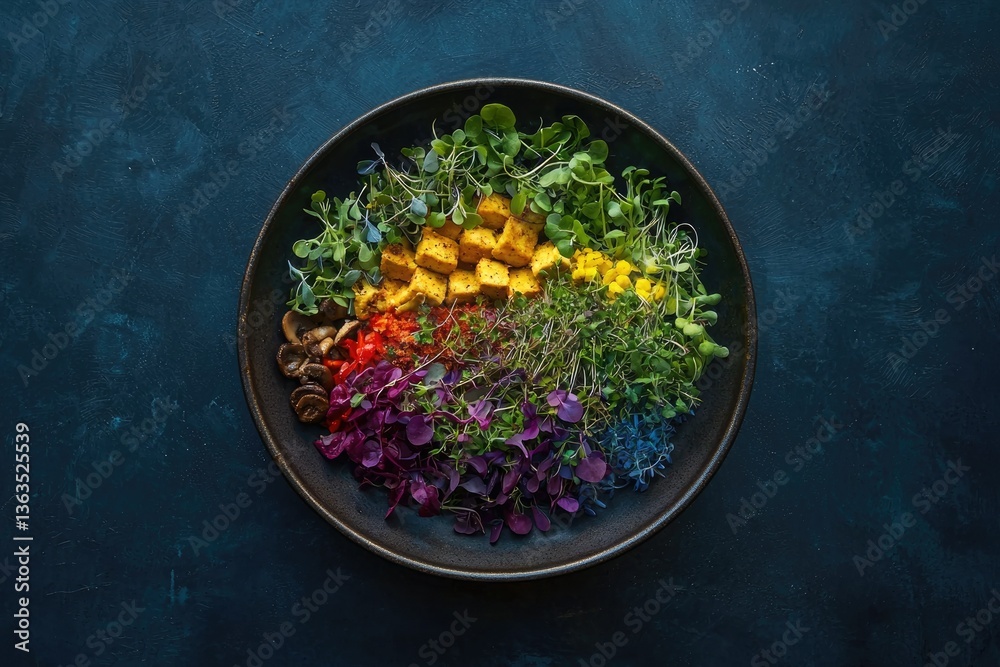 Rainbow vegan bowl with tofu, mushrooms, microgreens, and colorful vegetables.