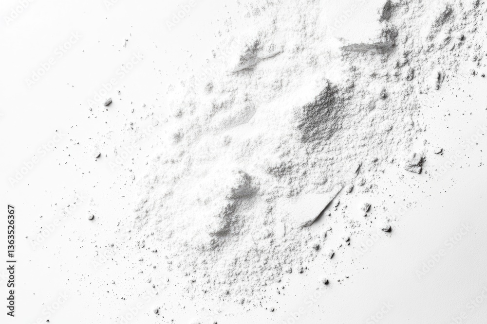 Fototapeta premium White powder scattered on a white background, showing texture and small pieces.