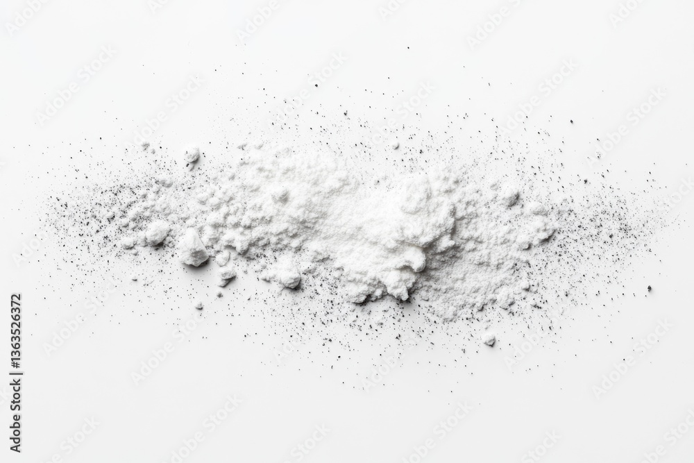 Fototapeta premium A pile of white powder with scattered dark specks on a white background.