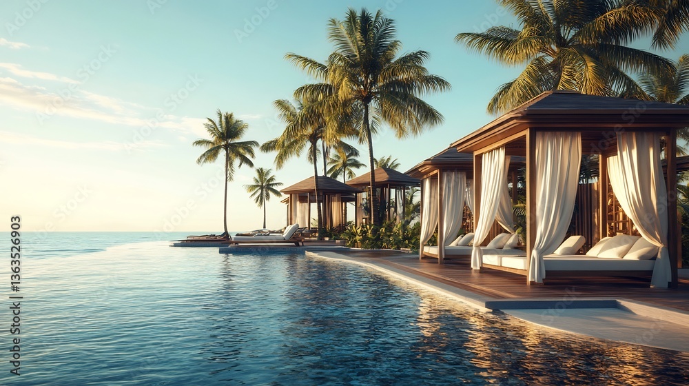 Fototapeta premium Luxurious tropical resort setting featuring beachfront infinity pool seamlessly blending into deep blue ocean Wooden cabana white flowing curtain line shore while palm tree sway gently warm breeze
