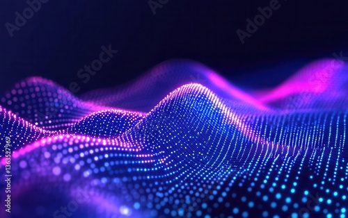 blue and purple gradient background with glowing particles and bokeh lights, neon color wave on a black background, abstract futuristic illustration design for a banner, poster or presentation