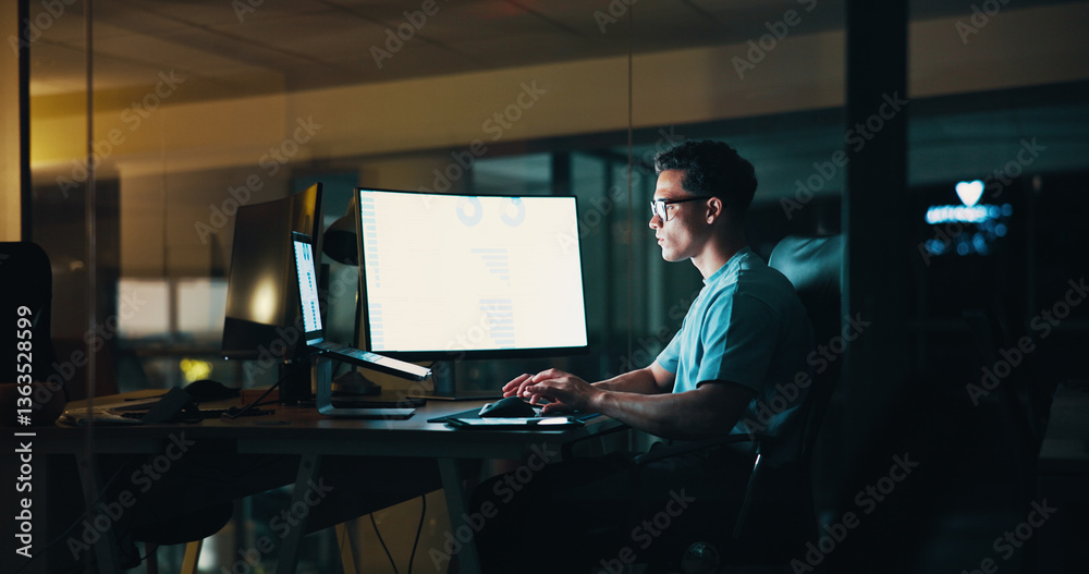 Business, man and computer screen with laptop at night for trading algorithms, finance planning or chart analysis. Employee, person or stats graph for investment revenue and financial report deadline