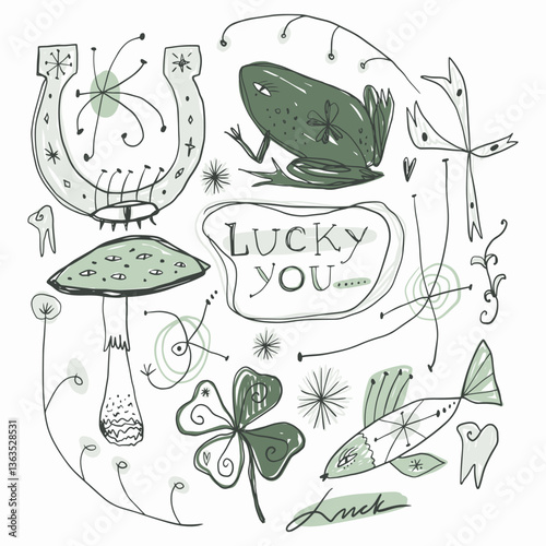 Bohemian green bundle including groovy funky lucky lettering symbols horseshoe, clover, fish, flog, teeth and floral elements, boho hippie sketch hand-drawn illustrations. Digital stickers, cute
