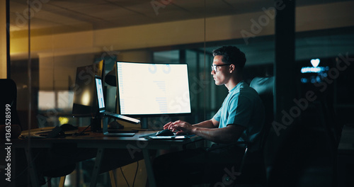 Obraz na płótnie Business, man and computer screen with laptop at night for trading algorithms, finance planning or chart analysis. Employee, person or stats graph for investment revenue and financial report deadline w salonie