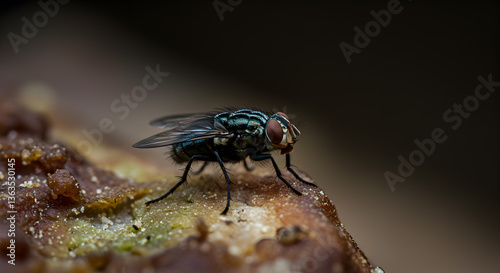 Detailed macro shot showcasing a Flesh Fly perched on decaying meat surface