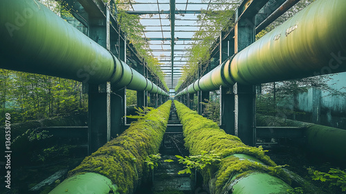 Large green industrial pipes in an abandoned factory