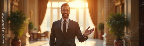Stylish hotel manager smiles welcomes guests. Smiling businessman wearing suit in luxury hotel lobby. Hospitality industry, customer service, successful business. Attractive male person looks at