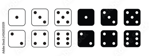 Game dice Icon with side of cube from one to six number. Set of black icon sided for gamble. Dot on cube of casino