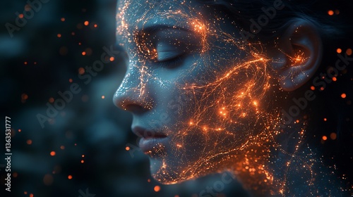 Person wearing a futuristic neural interface their brain glowing with digital data streams flowing into the metaverse Hyper detailed neural pathways cinematic sci fi lighting deep symbolism photo