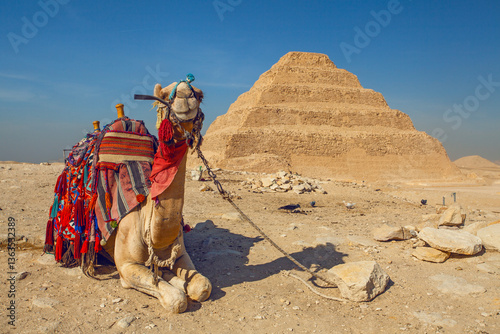 Fotografie Camel having rest near the Great Step pyramid of Djoser,  the oldest Egyprian py