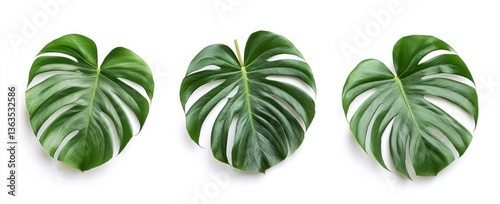 Three Monstera Leaves on White Background for Minimalist Natural Design