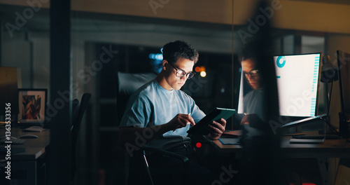 Canvastavla Night, creative or man on tablet for startup analytics report, deadline or online research