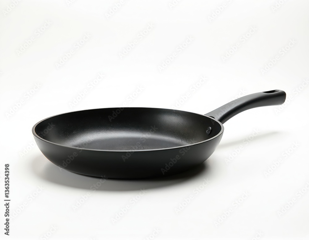 Non-stick black frying pan isolated on white background. Domestic utensil for home cook, professional chef use for breakfast, lunch, dinner. Cooking, searing, frying food, ideal for recipe blog food