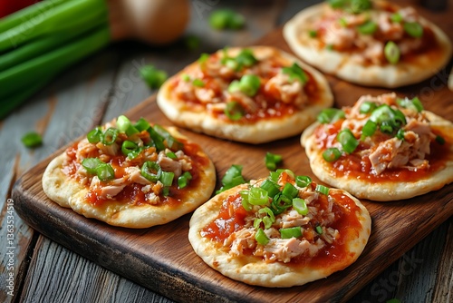 Mini pizzas with tuna, tomato sauce and green onion