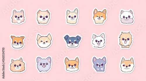 Cute dog breeds sticker collection; pink background; pet design; social media post