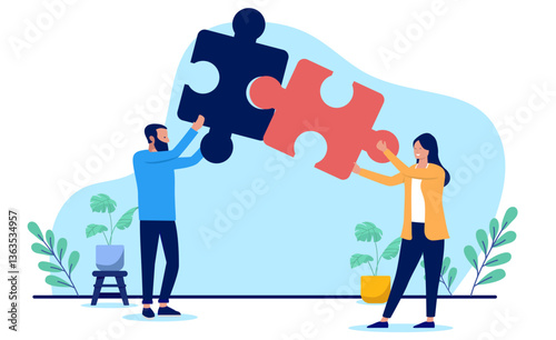 Business puzzle - Two businesspeople working together solving problem and finding solution putting puzzle pieces together. Completion, collaboration and connection concept in flat design vector