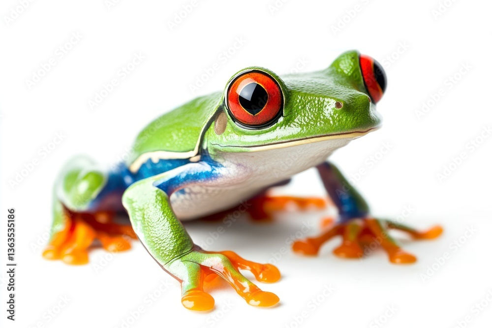 Fototapeta premium Red Eyed Tree Frog Resting on White Background Close Up View