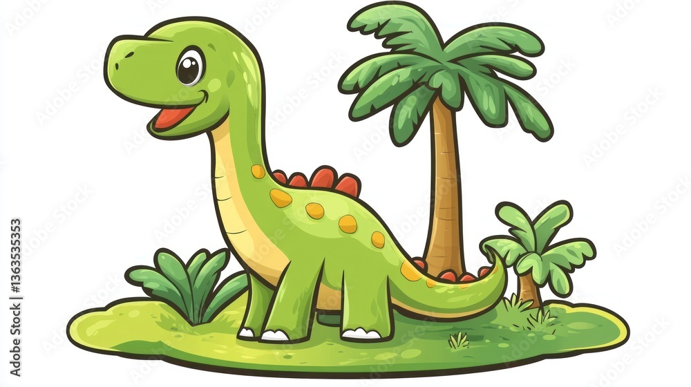 Obraz premium Cute green dinosaur in a field with palm trees, for educational kids' use